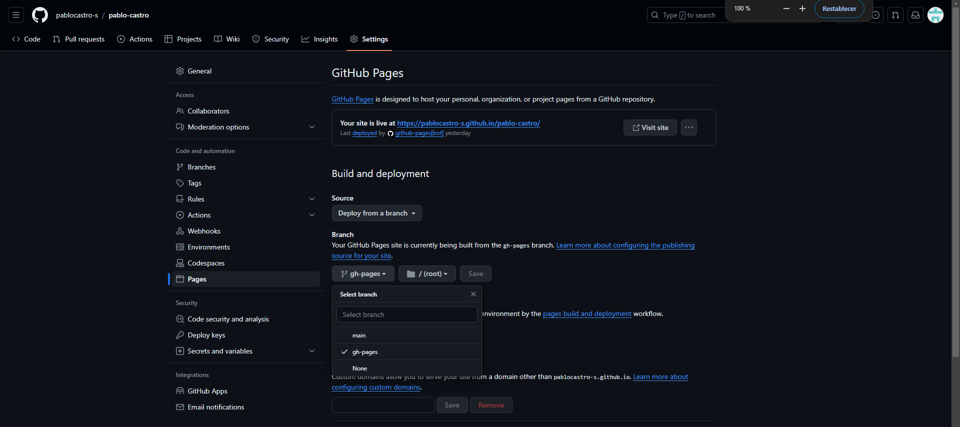 Posibilidad de seleccionar gh-pages